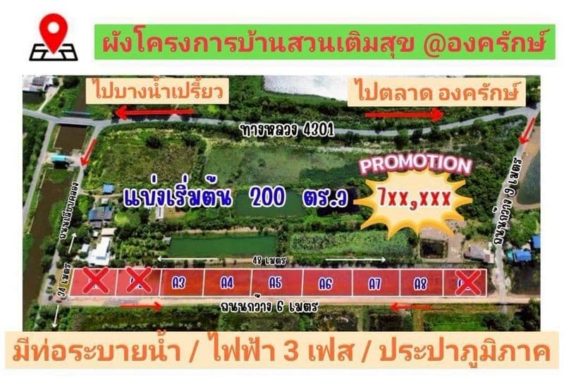 ขายที่ดินบ้านสวนเกษตร แบ่งแปลงขาย บ้านสวนเติมสุข อ.องครักษ์ จ.นครนายก ใกล้ มศว.องครักษ์ เพียง 5.6 กม.