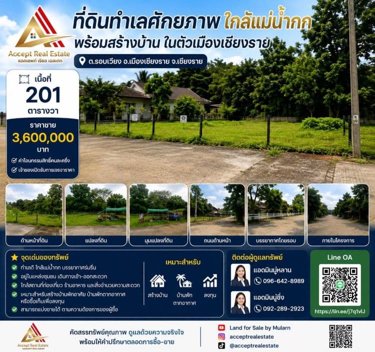 ที่ดินทำเลศักยภาพ ใกล้แม่น้ำกก พร้อมสร้างบ้าน อำเภอเมือง เชียงราย พื้นที่ 201 ตร.ว.