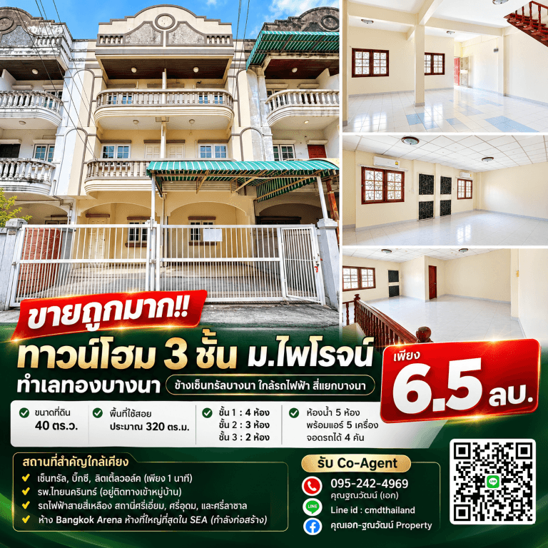 ขายถูกมาก!! ทาวน์โฮม 3 ชั้น ม.ไพโรจน์ ทำเลทองบางนา ข้างเซ็นทรัลบางนา ใกล้รถไฟฟ้า สี่แยกบางนา 4