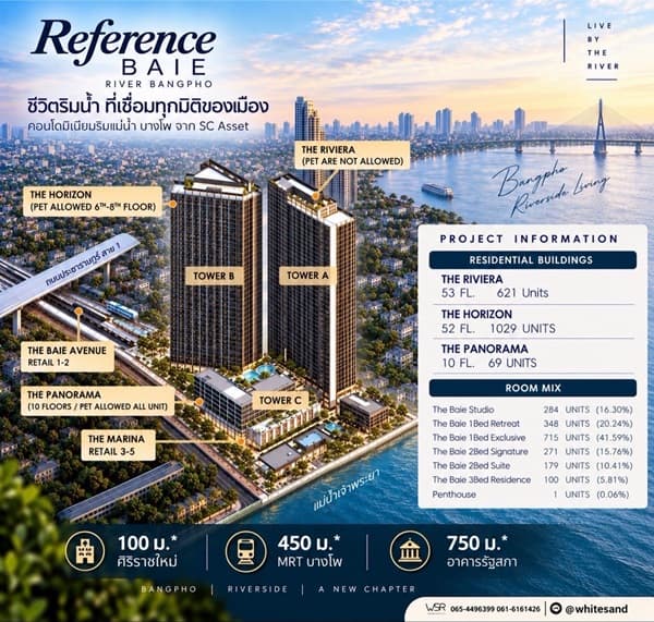เรฟเฟอเรนซ์ เบย์ ริเวอร์ บางโพ คอนโดวิวเจ้าพระยา Fully Furnished ใกล้ MRT, รพ โทร 0616161426 4
