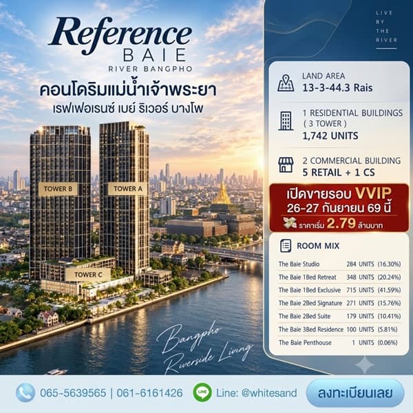 เรฟเฟอเรนซ์ เบย์ ริเวอร์ บางโพ คอนโดวิวเจ้าพระยา Fully Furnished ใกล้ MRT, รพ โทร 0616161426 3