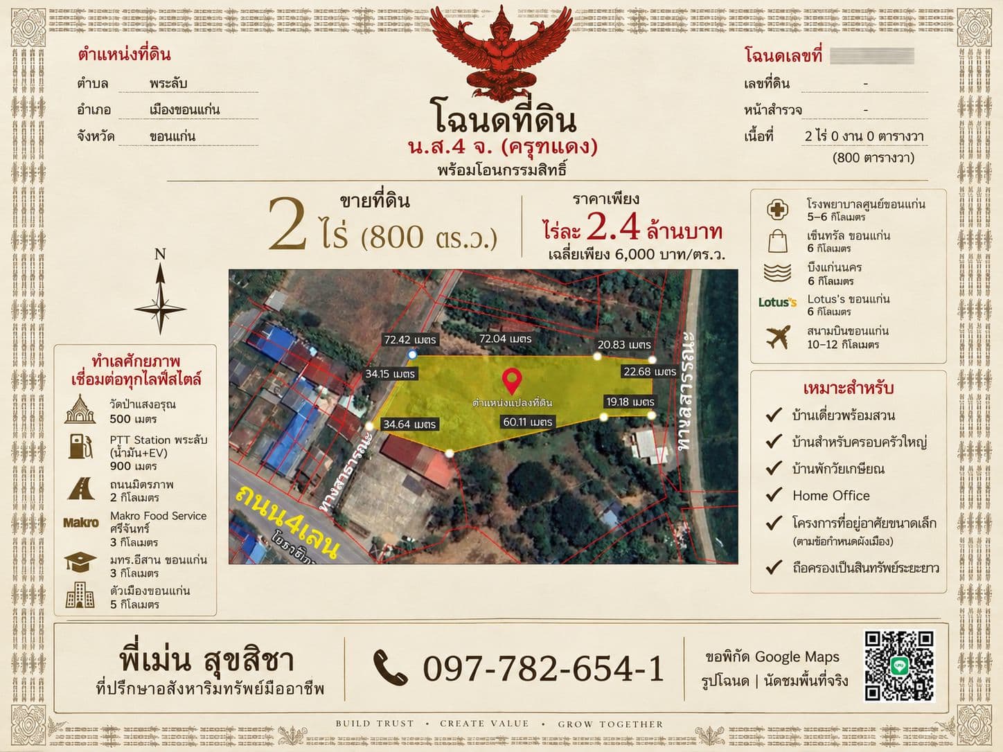 ขายที่ดิน 2 ไร่ ตำบลพระลับ อำเภอเมืองขอนแก่น | 2.4 ล้านบาท/ไร่ | 6,000 บาท/ตร.ว. 3