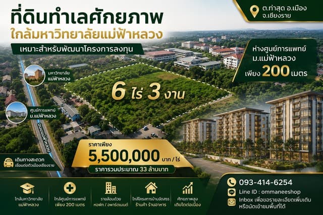 ที่ดินทำเลศักยภาพ ใกล้มหาวิทยาลัยแม่ฟ้าหลวง ตำบลท่าสุด อำเภอเมือง จังหวัดเชียงราย