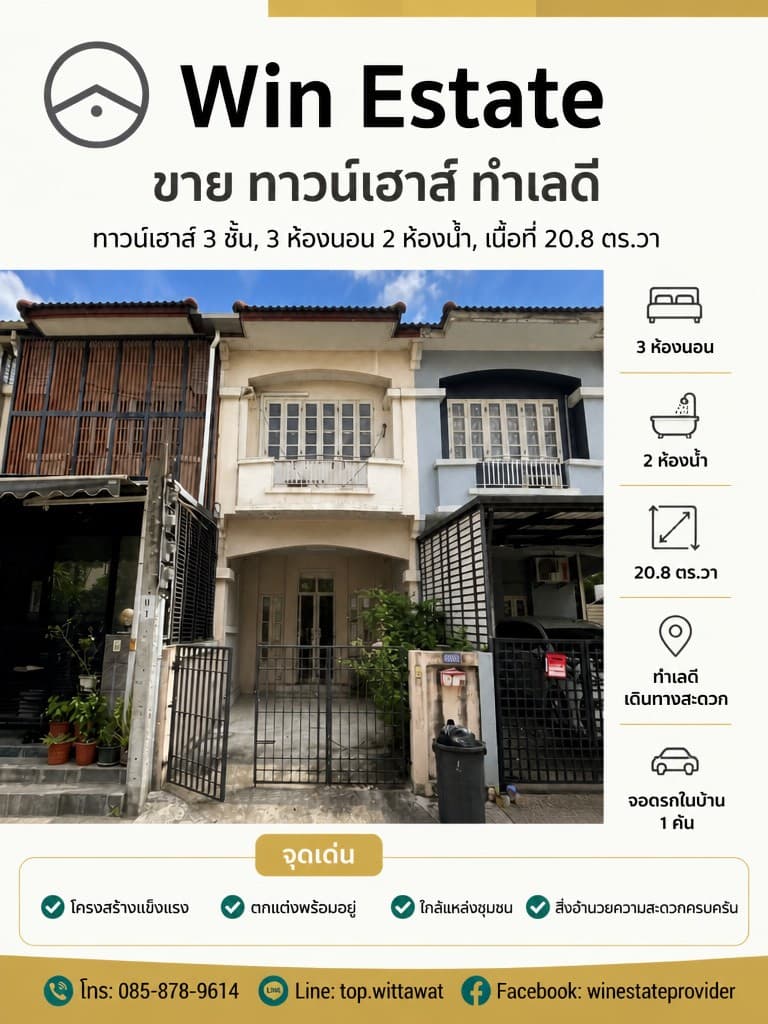 ทาวน์เฮ้าส์ 2.5 ชั้น หมู่บ้านสรานนท์ ปากเกร็ด ขนาด 21 ตารางวา