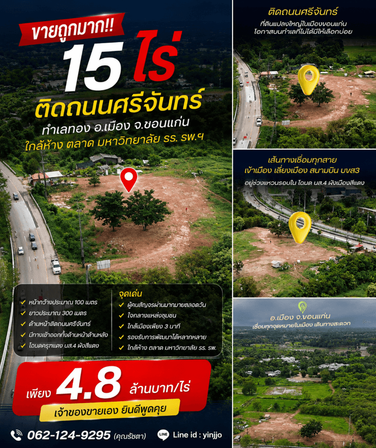 ขายถูกมาก!! ที่ดินติดถนนใหญ่ 15 ไร่ 25 ตร.ว. ทำเลทอง อ.เมือง จ.ขอนแก่น ใกล้ห้าง ตลาด มหาวิทยาลัย รร. รพ.ฯ 4