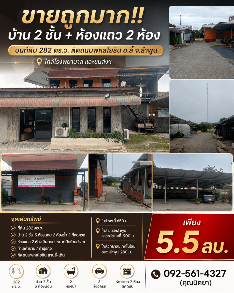 ขายถูกมาก!! บ้าน 2 ชั้น + ห้องแถว 2 ห้อง บนที่ดิน 282 ตรว. ติดถนนพหลโยธิน อ.ลี้ จ.ลำพูน ใกล้โรงพยาบาล ขนส่งฯ 4