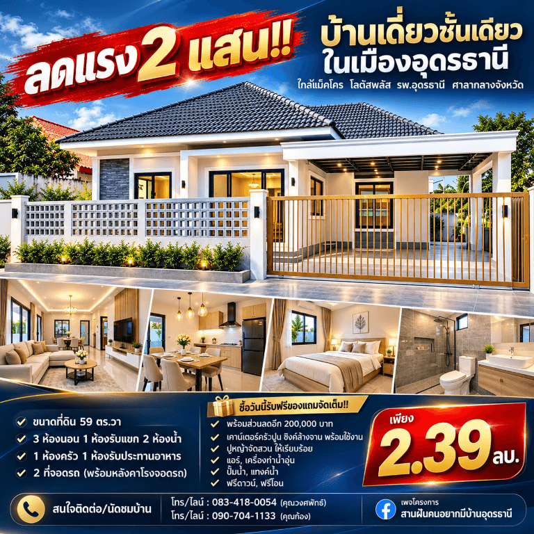 ลดแรง 2 แสน!! บ้านเดี่ยวชั้นเดียว ในเมืองอุดรธานี ใกล้แม็คโคร โลตัสพลัส รพ.อุดรธานี ศาลากลางจังหวัด 3