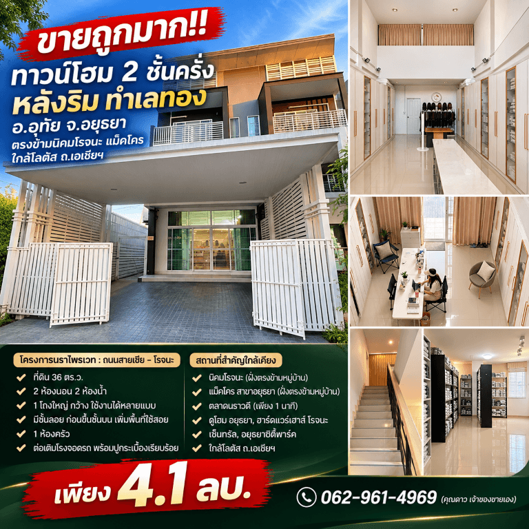 ขายถูกมาก!! ทาวน์โฮม 2 ชั้นครึ่ง หลังริม ทำเลทอง อ.อุทัย จ.อยุธยา ตรงข้ามนิคมโรจนะ แม็คโคร ใกล้โลตัส ถ.เอเชียฯ 5