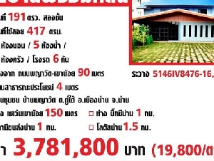 ขายบ้านเดี่ยว 2 ชั้น พร้อมที่ดิน อำเภอเมืองน่าน จังหวัดน่าน เนื้อที่ 191 ตารางวา